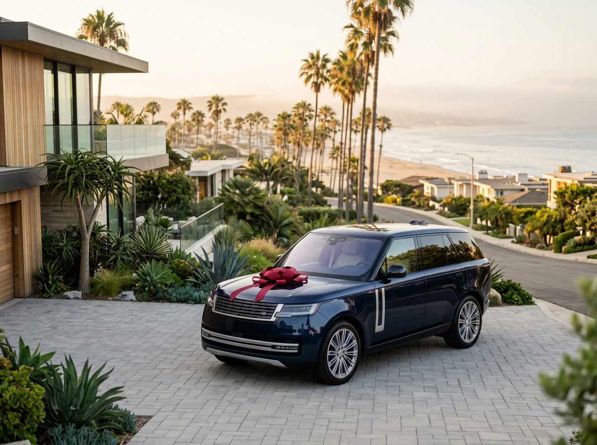 Navy SUV with a red bow parked in a coastal Manhattan Beach driveway