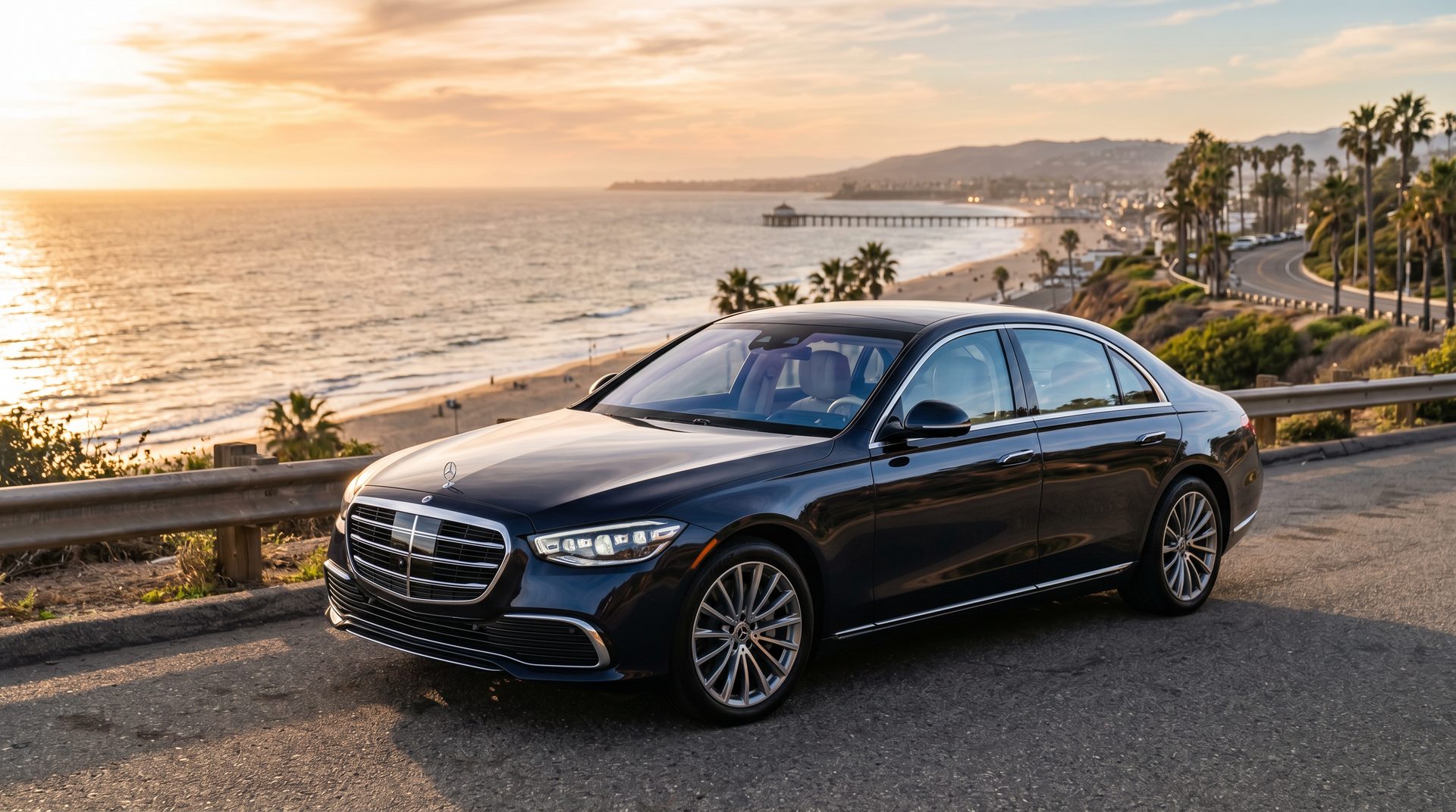 Navy sedan parked above the Manhattan Beach pier at sunset