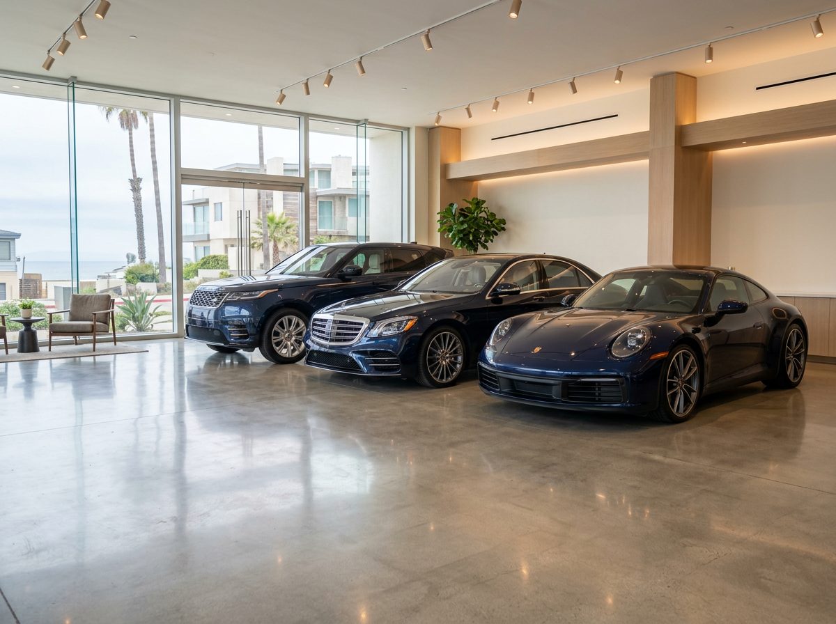 Row of pristine late-model vehicles in a bright showroom